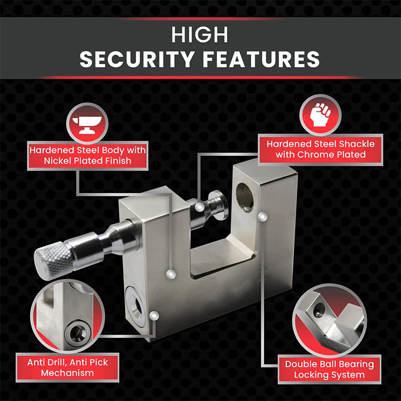 High security lock mechanism with labeled features on a black background