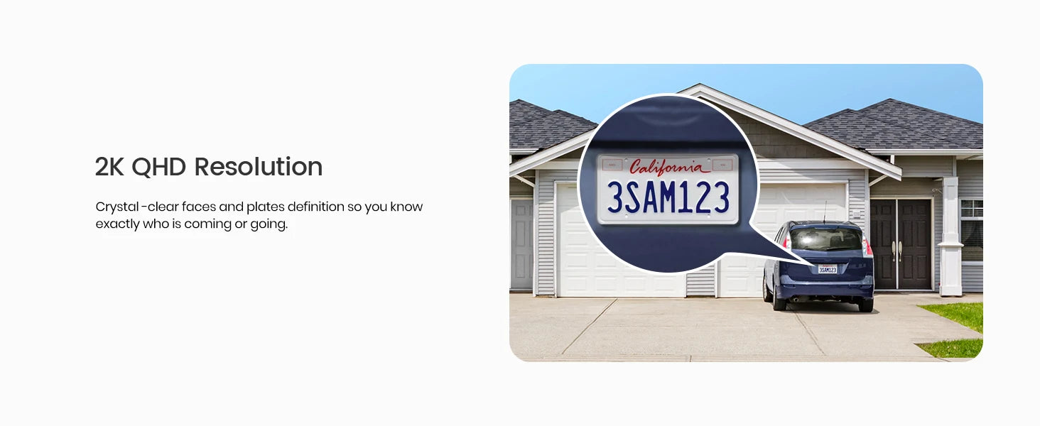 House with a car parked in front, featuring a license plate with text and '2K QHD Resolution' text overlay.
