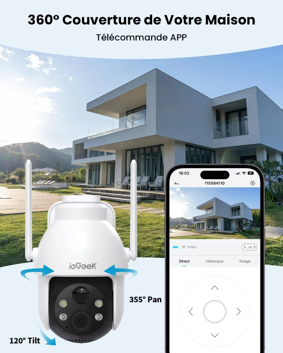 IoGeek home security camera with smartphone app interface displayed on a modern house background