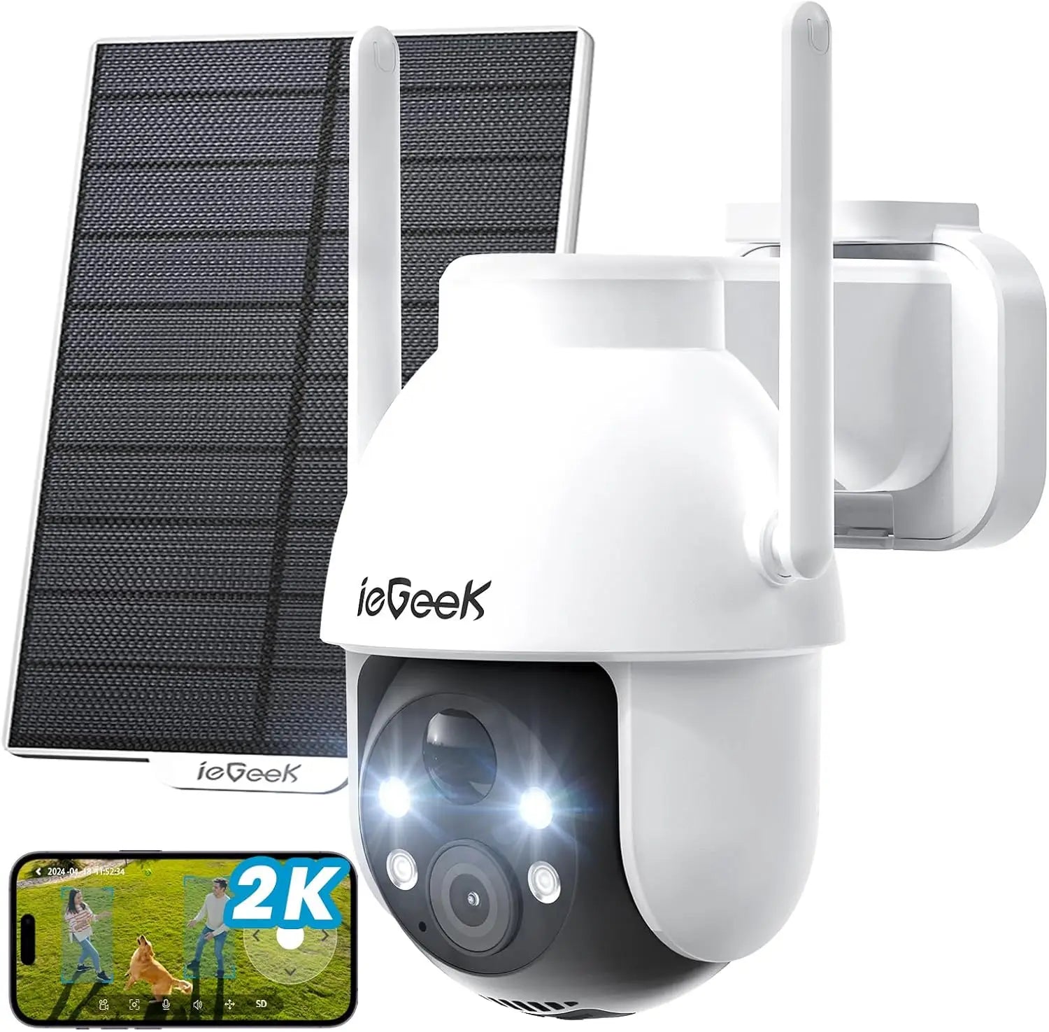 IoGeek outdoor security camera with solar panel and smartphone app display