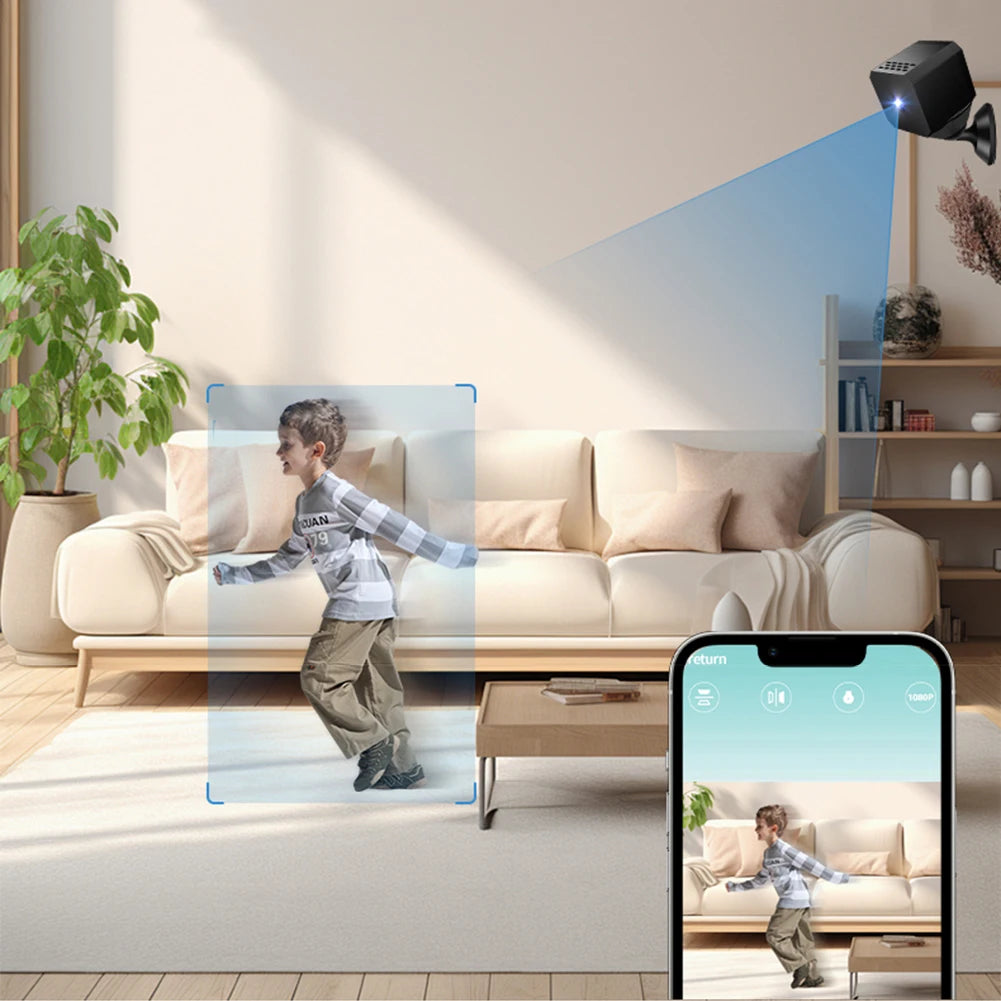 Living room with a child projected onto a screen, smartphone displaying the projection app.