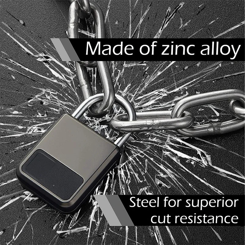 Lock breaking through a chain with text 'Made of zinc alloy' and 'Steel for superior cut resistance'.