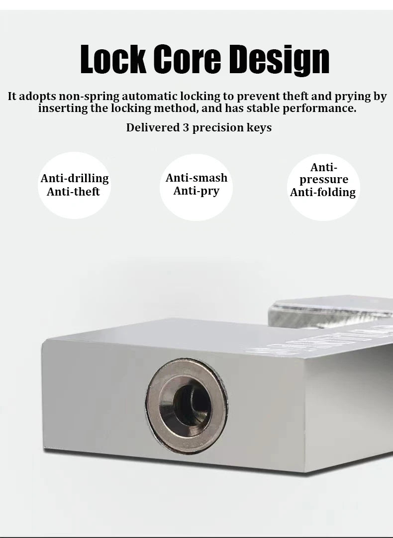 Lock core design with anti-theft, anti-smash, and anti-pressure features on a white background.
