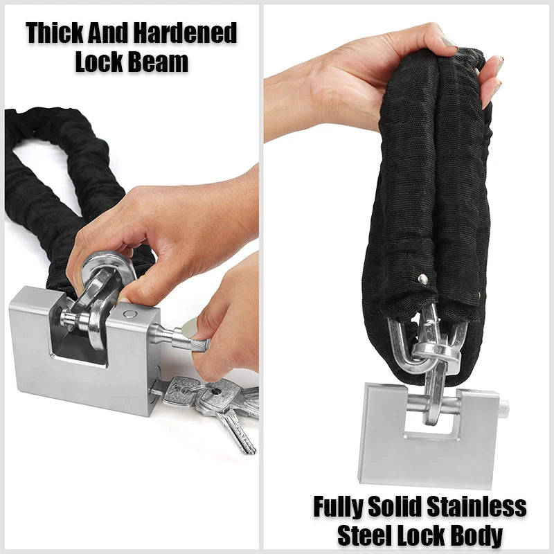 Lock with thick hardened lock beam and fully solid stainless steel lock body, held by a hand.