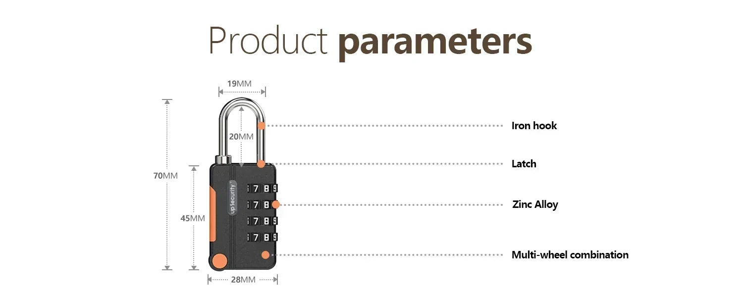 Measurement chart of a combination lock with labeled parts on a white background