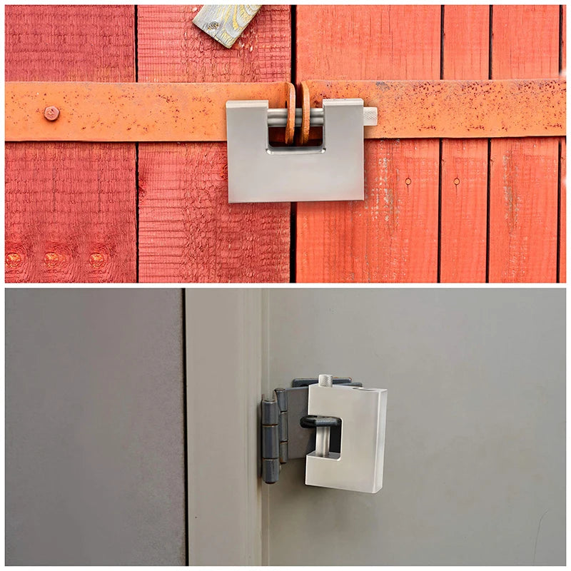Metal barn door latch on a wooden door with a close-up of the latch on a gray door.