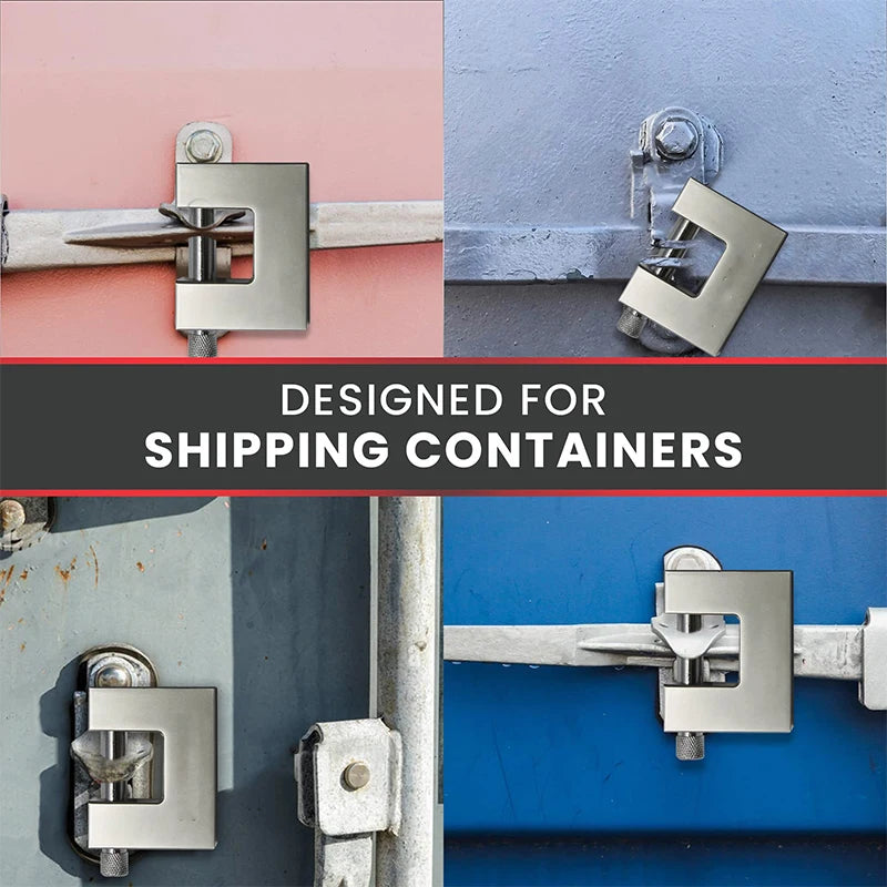 Metal latch mechanism with text 'Designed for Shipping Containers' on a collage of container images.