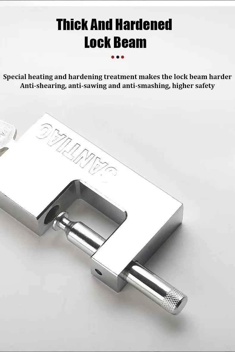 Metal lock beam with text on a white background