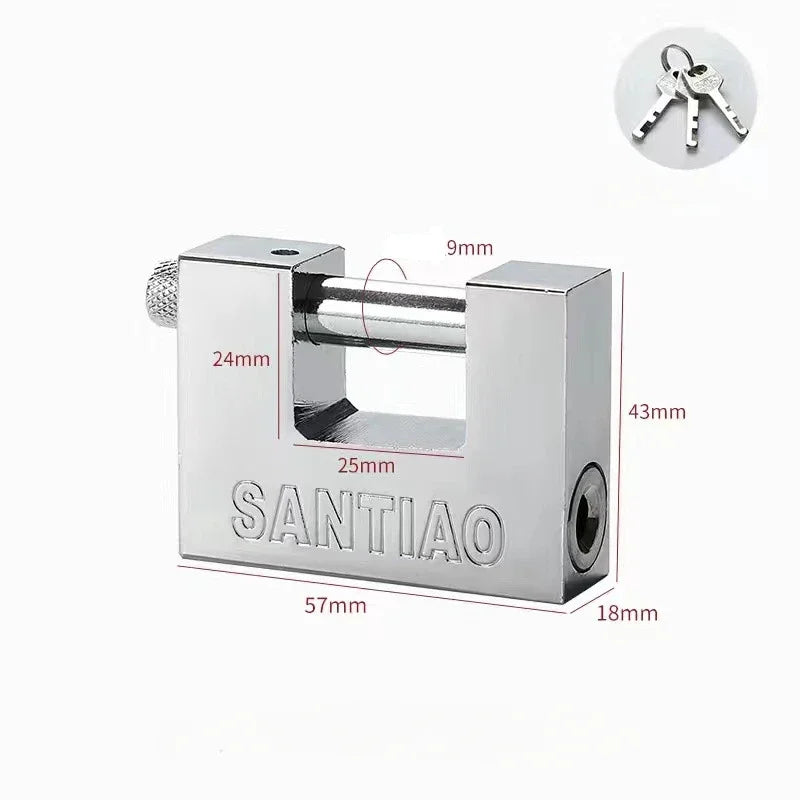 Metal padlock with dimensions labeled on a white background, featuring the brand 'Santiao'.