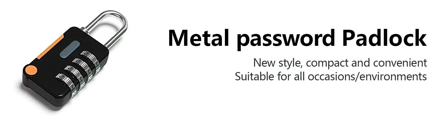 Metal password padlock on a white background with text about its features.