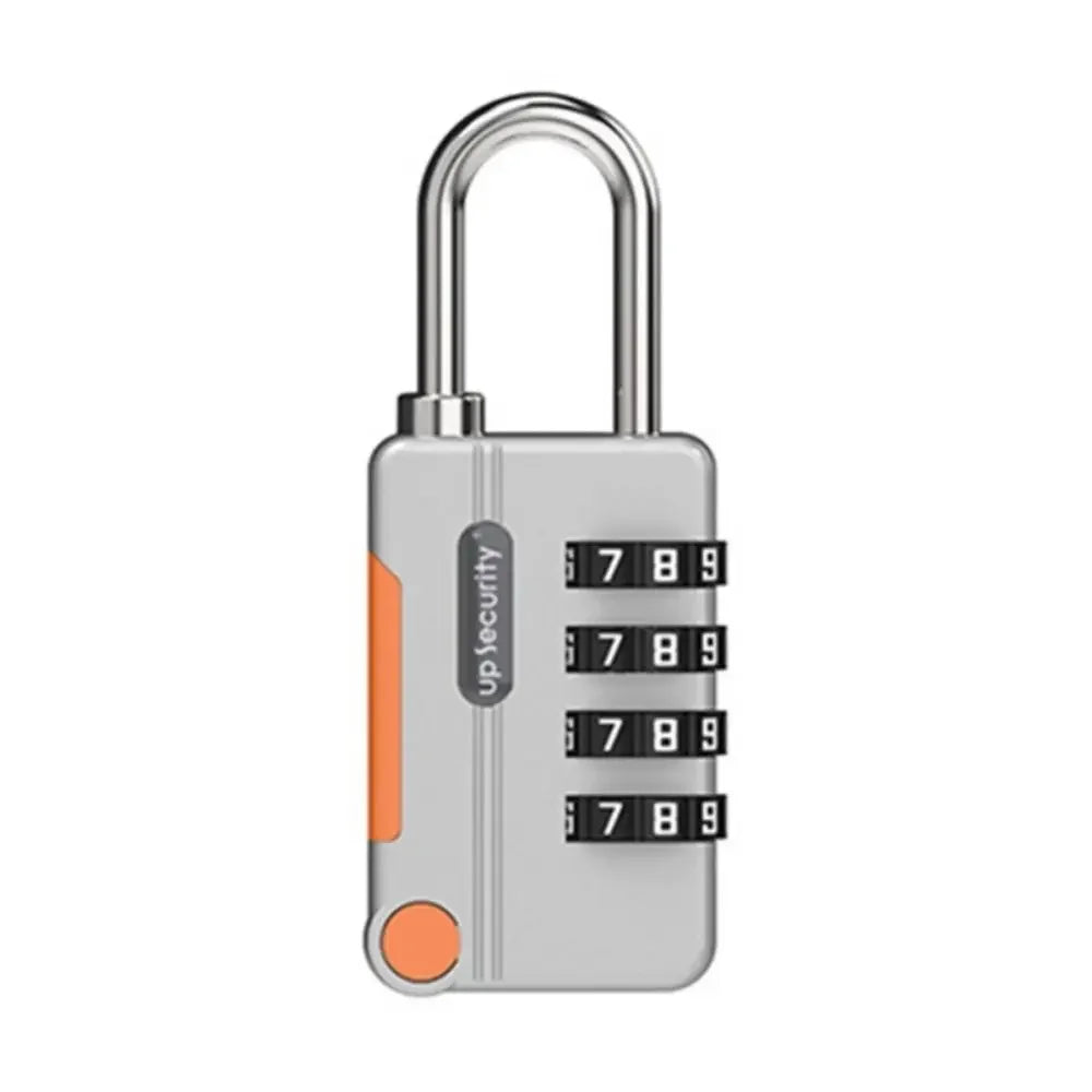 Metallic combination lock with orange accents on a white background