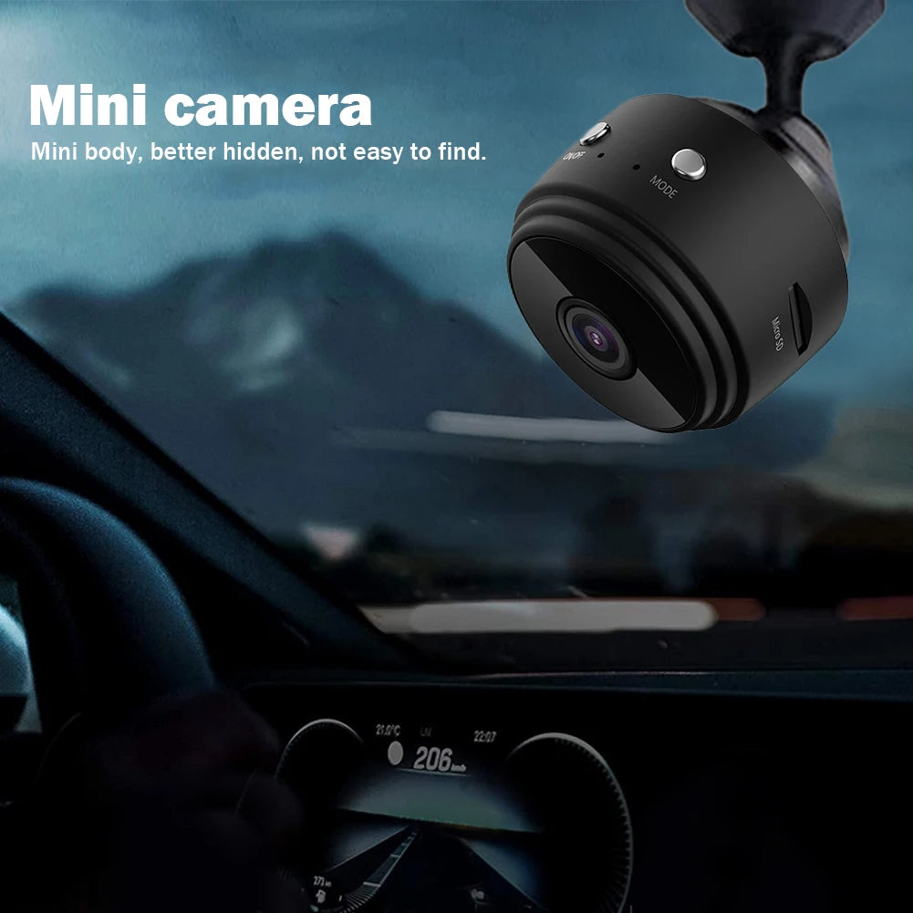 Mini camera mounted inside a car with a mountainous background