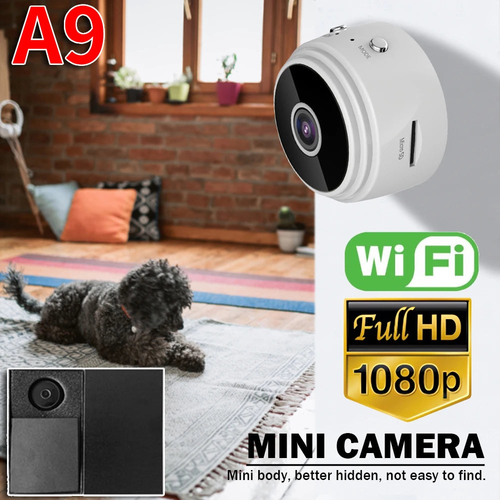 Mini camera with WiFi and Full HD 1080p features, displayed in a room with a dog.