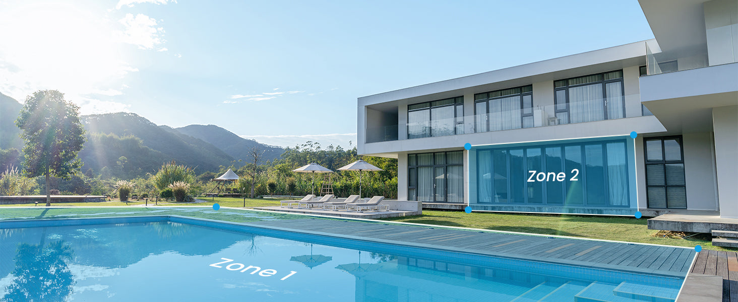 Modern house with a pool labeled 'Zone 1' and 'Zone 2' on a sunny day.