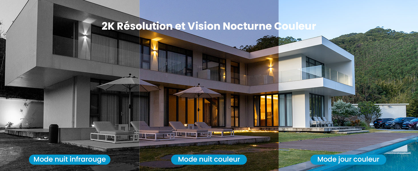 Modern house with outdoor furniture and pool, showcasing night vision color mode on a screen.