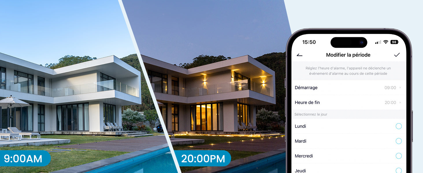 Modern house with pool at 9:00 AM and 20:00 PM, smartphone displaying home automation app.