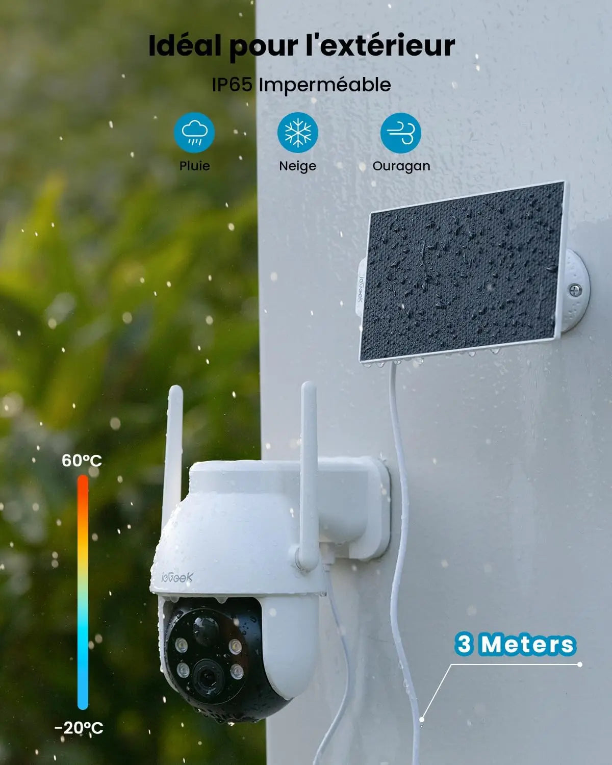 Outdoor security camera with solar panel and weather resistance features on a gray wall.