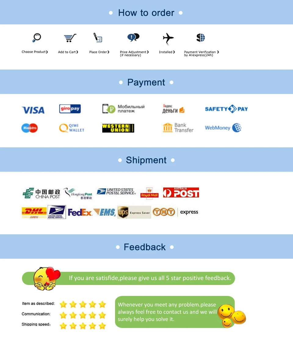 Payment, shipment, and feedback sections with various logos on a blue background