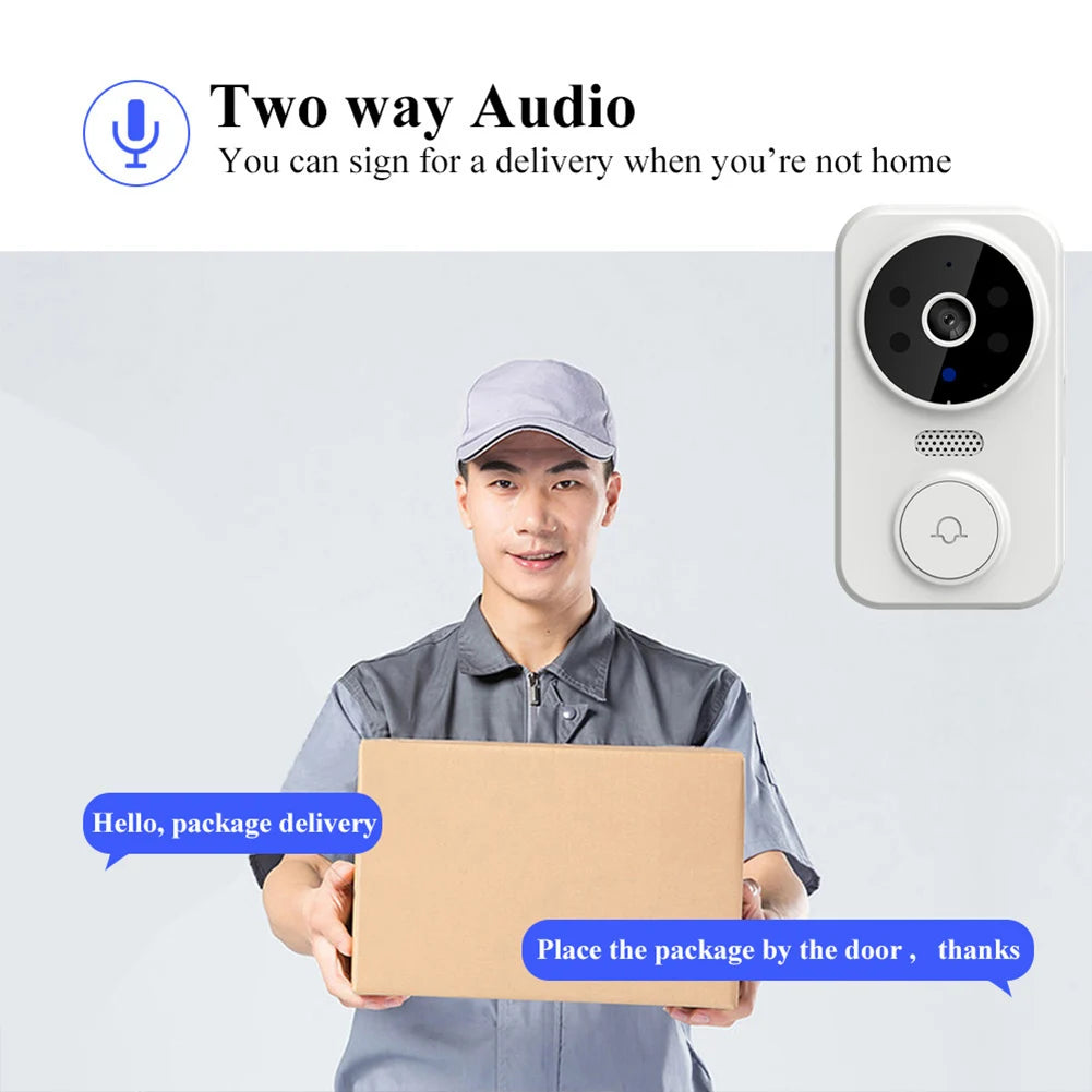 Person holding a package with two-way audio doorbell and text indicating delivery communication.