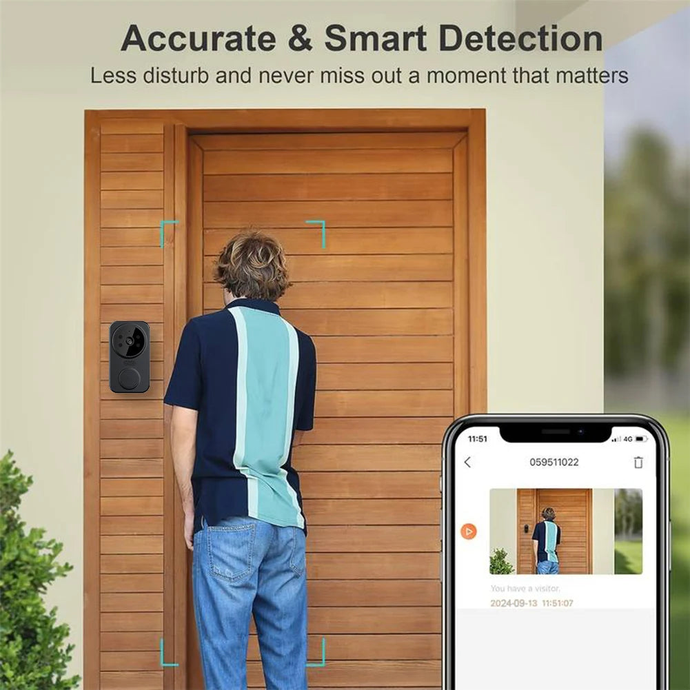 Person standing at a door with a security camera and smartphone app interface displayed.