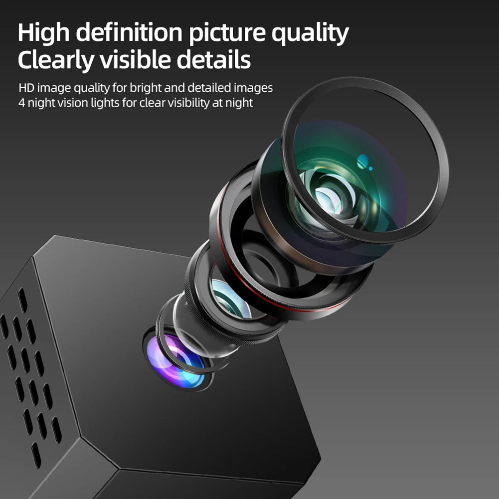 Phone camera lens with text about high definition picture quality and night vision capabilities.