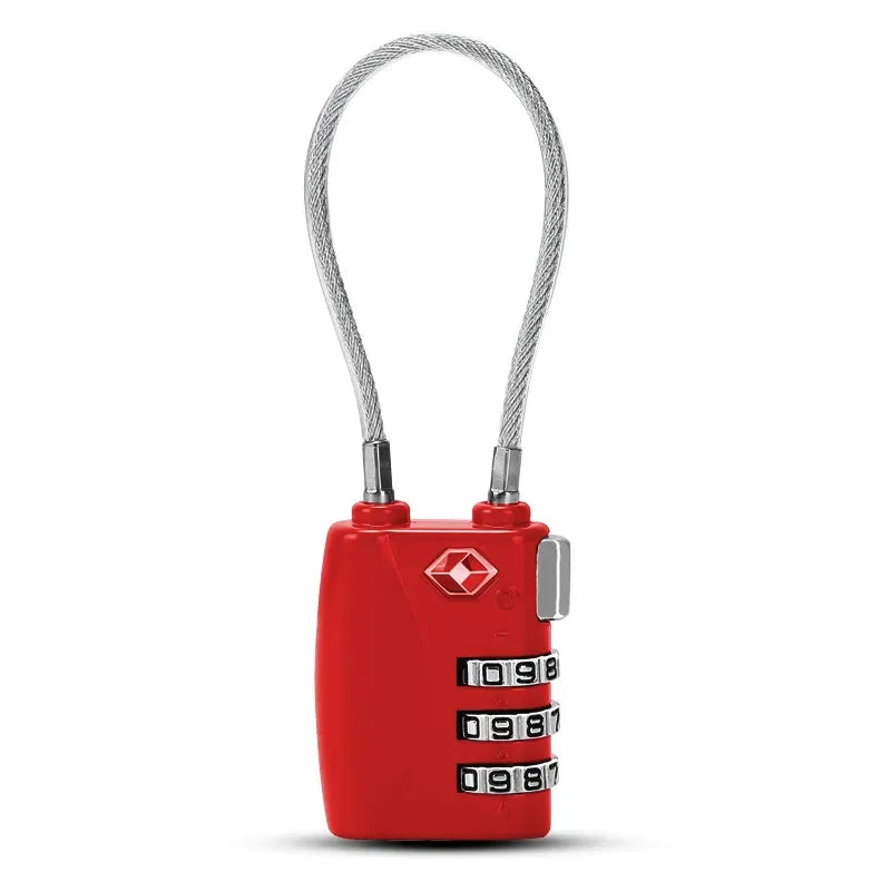 Red combination lock with a silver cable on a white background