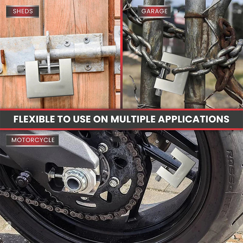 Lock on a wooden shed door, chain lock on a metal gate, and motorcycle chain lock with text 'Flexible to use on multiple applications'.