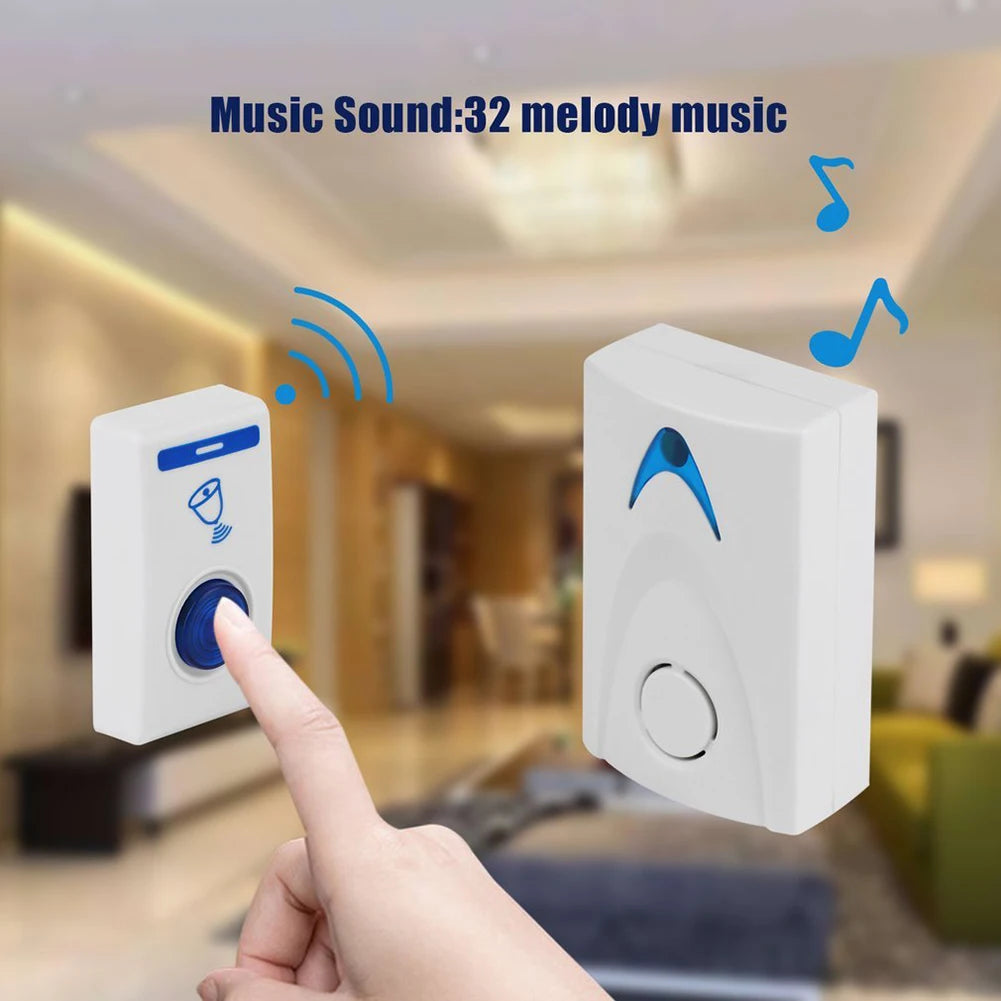 Two wireless doorbell buttons with a hand pressing one, set against a blurred living room background.