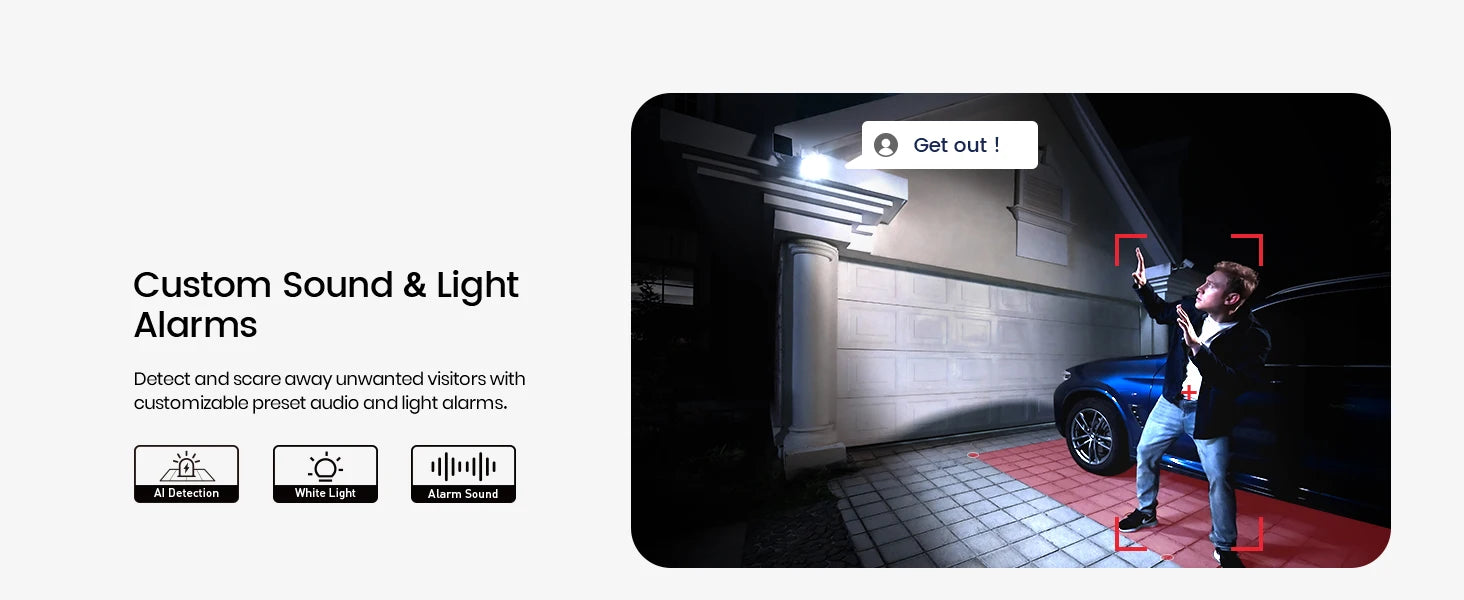 Security system with sound and light alarms in a dark garage setting.