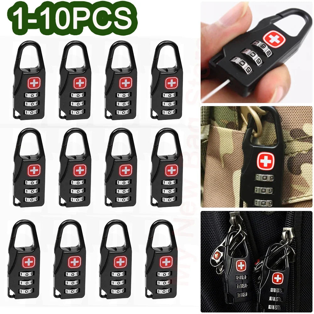 Set of black combination locks with red cross symbol, held by a hand, and attached to a bag.