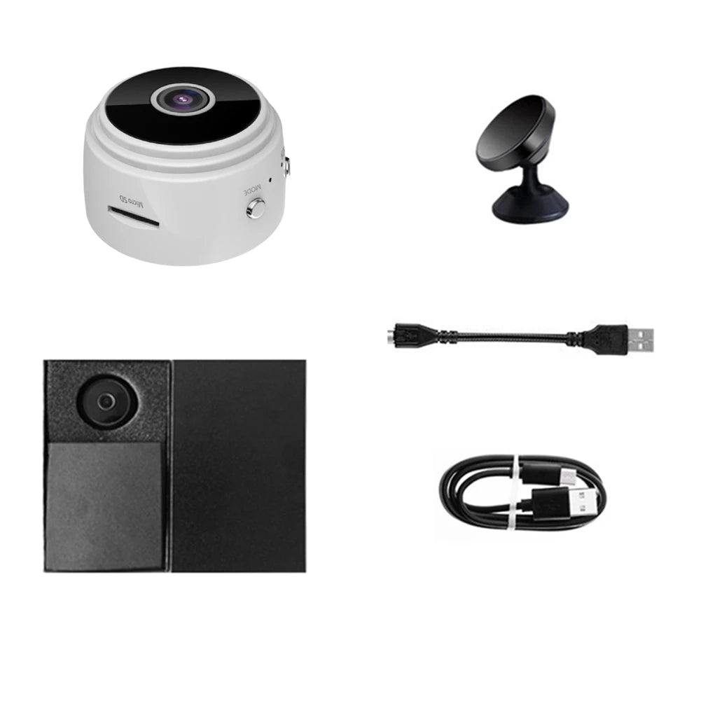 Set of security camera components including a white and black camera, power adapter, and USB cable on a white background.