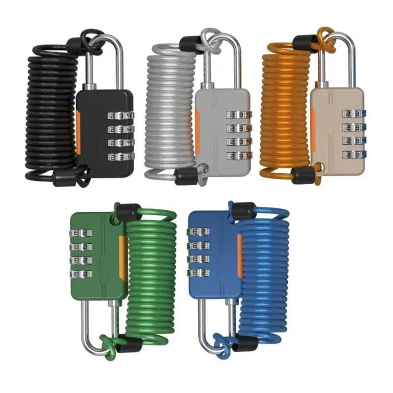 Set of six colorful spring-loaded combination locks on a white background