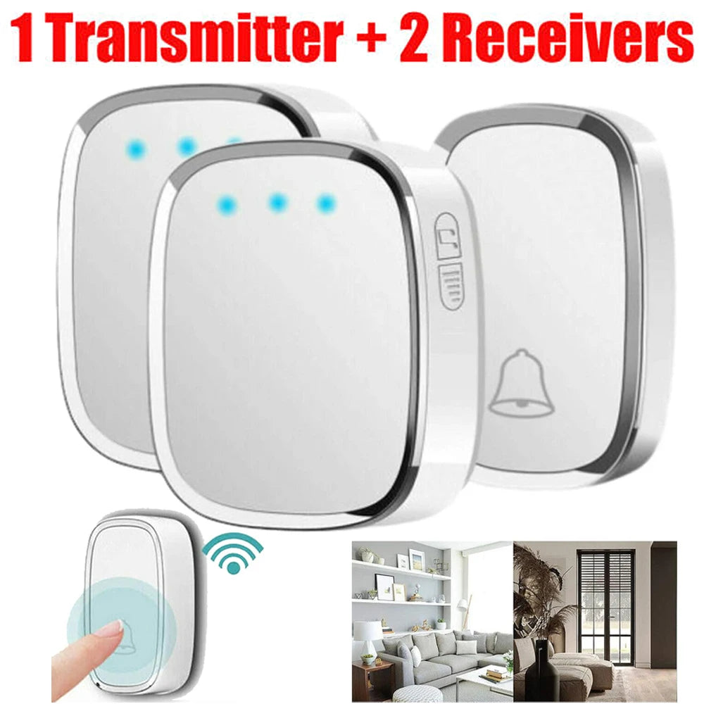 Set of wireless doorbell components including a transmitter and two receivers on a white background.