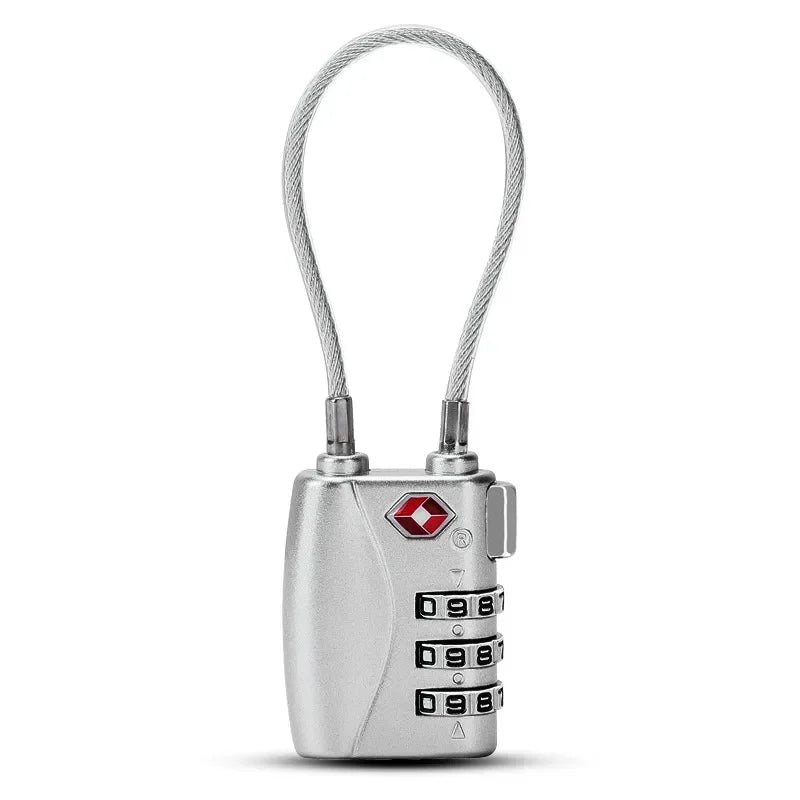 Silver combination lock with a cable on a white background