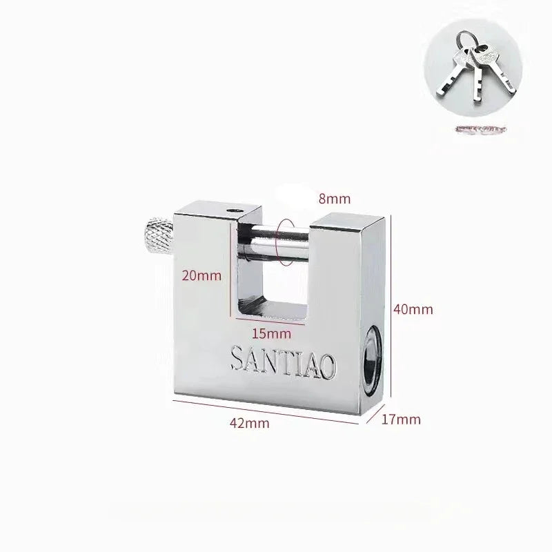 Silver padlock with dimensions labeled on a white background