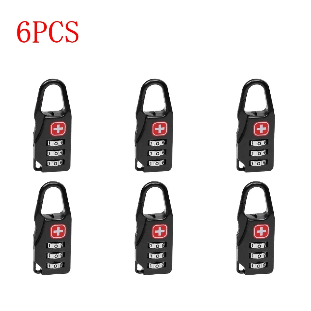 Six black combination locks with red plus signs on a white background