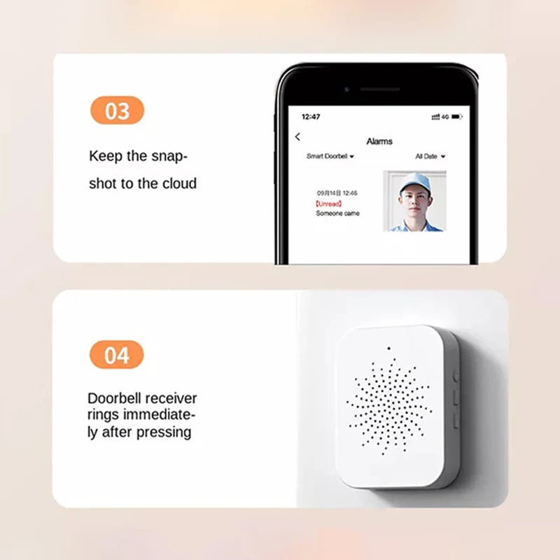 Smart doorbell receiver with smartphone app interface on a light background