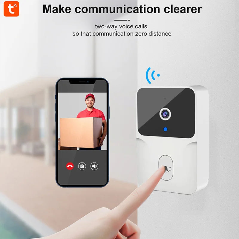 Smart doorbell system with phone app showing a person with a package, on a light gray background.