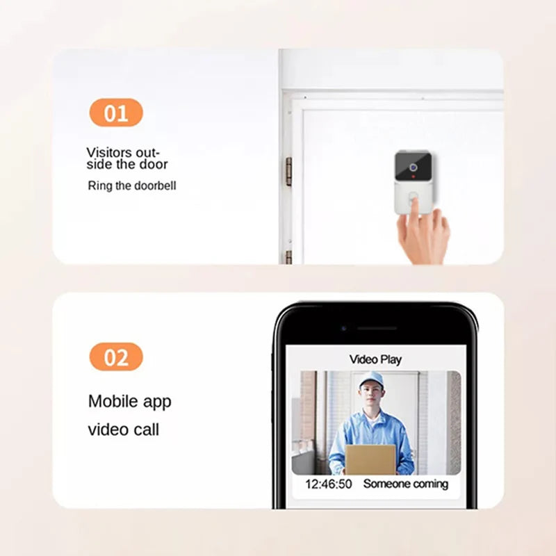 Smart doorbell system with smartphone app showing video call interface on a beige background