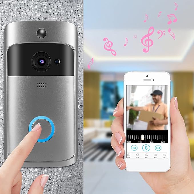Smart doorbell with a finger pressing the button and a phone displaying a video call.