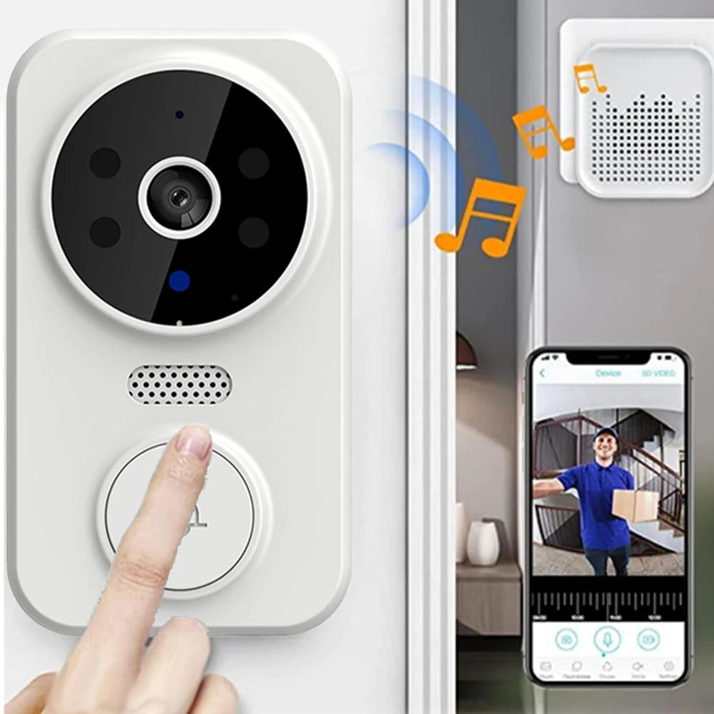 Smart doorbell with camera and audio features, shown with a smartphone app interface.
