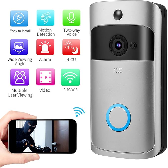 Smart doorbell with smartphone app interface showing video feed, features like motion detection and two-way voice on icons.