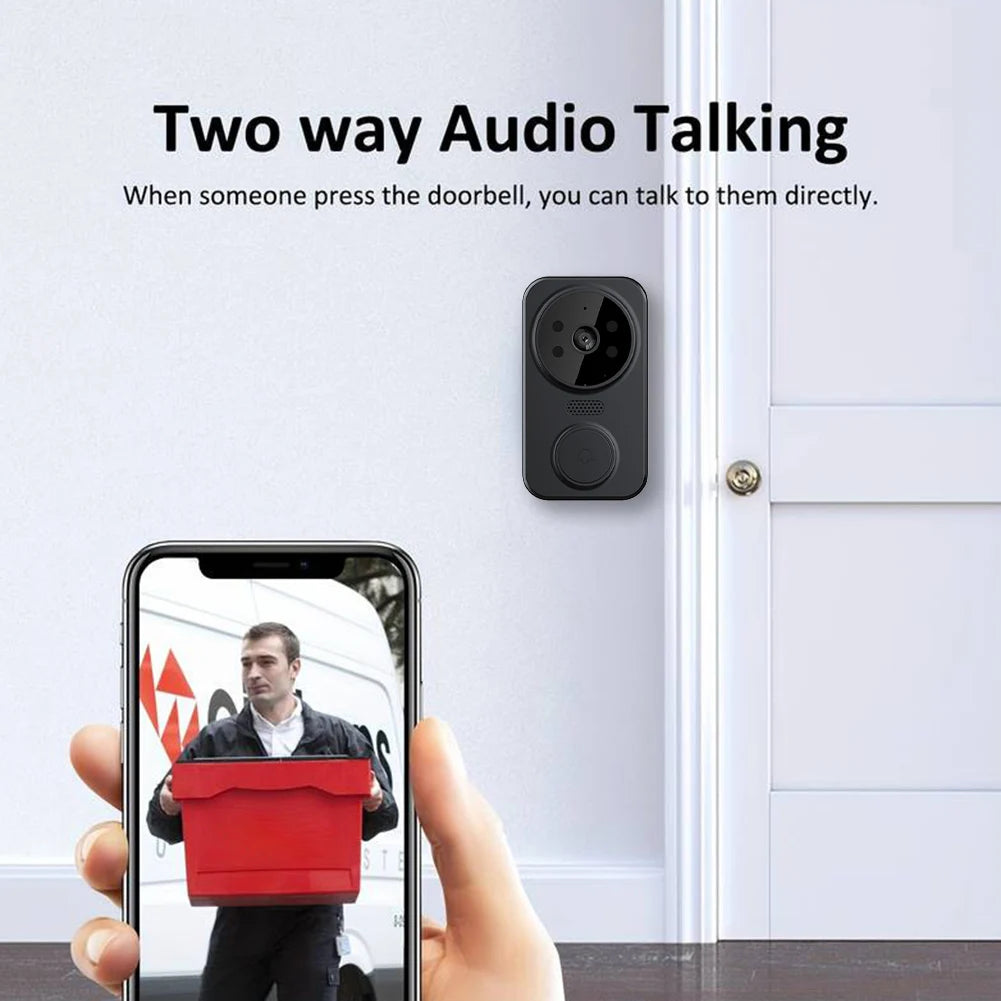 Smart doorbell with two-way audio feature displayed on a smartphone screen, showing a person with a red box.