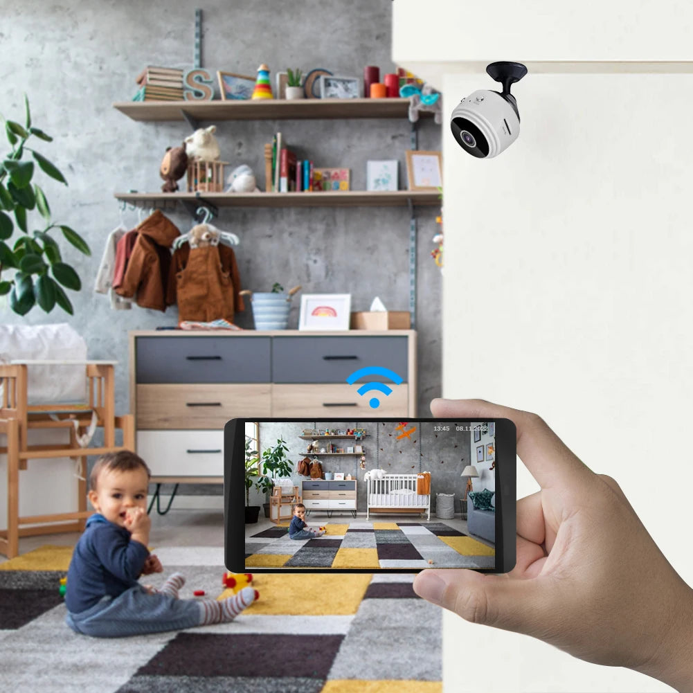 Smart home security camera being monitored on a smartphone in a living room.