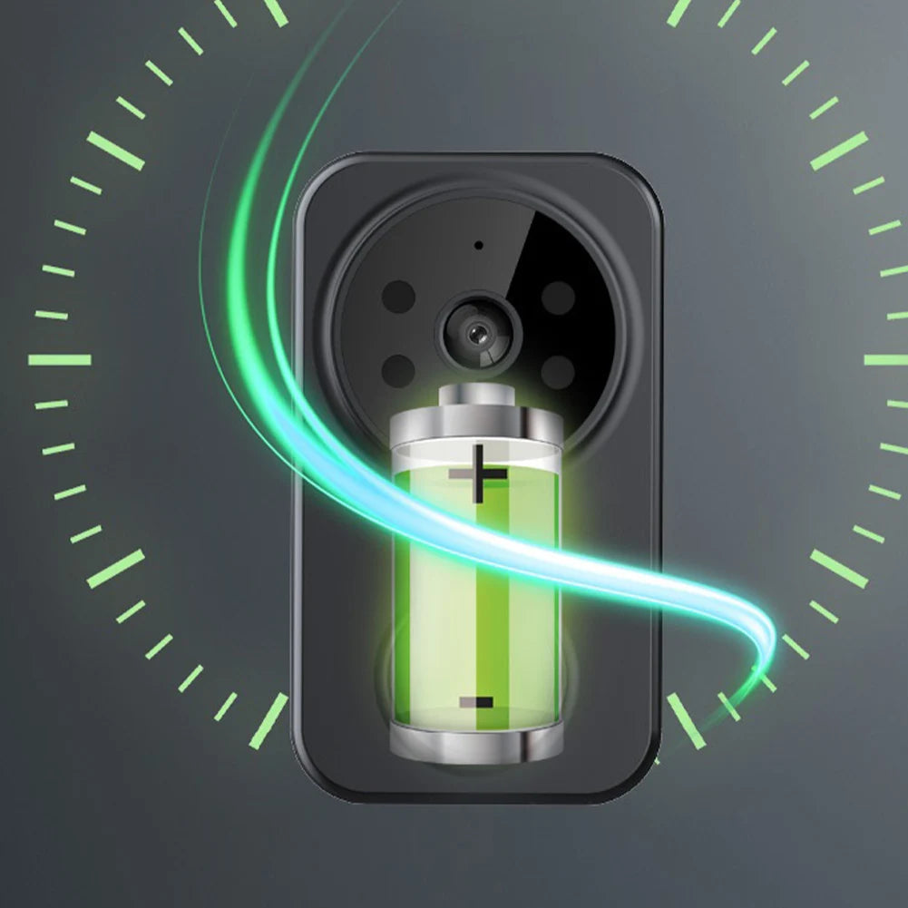 Smart home security camera with a glowing green energy bar on a dark background