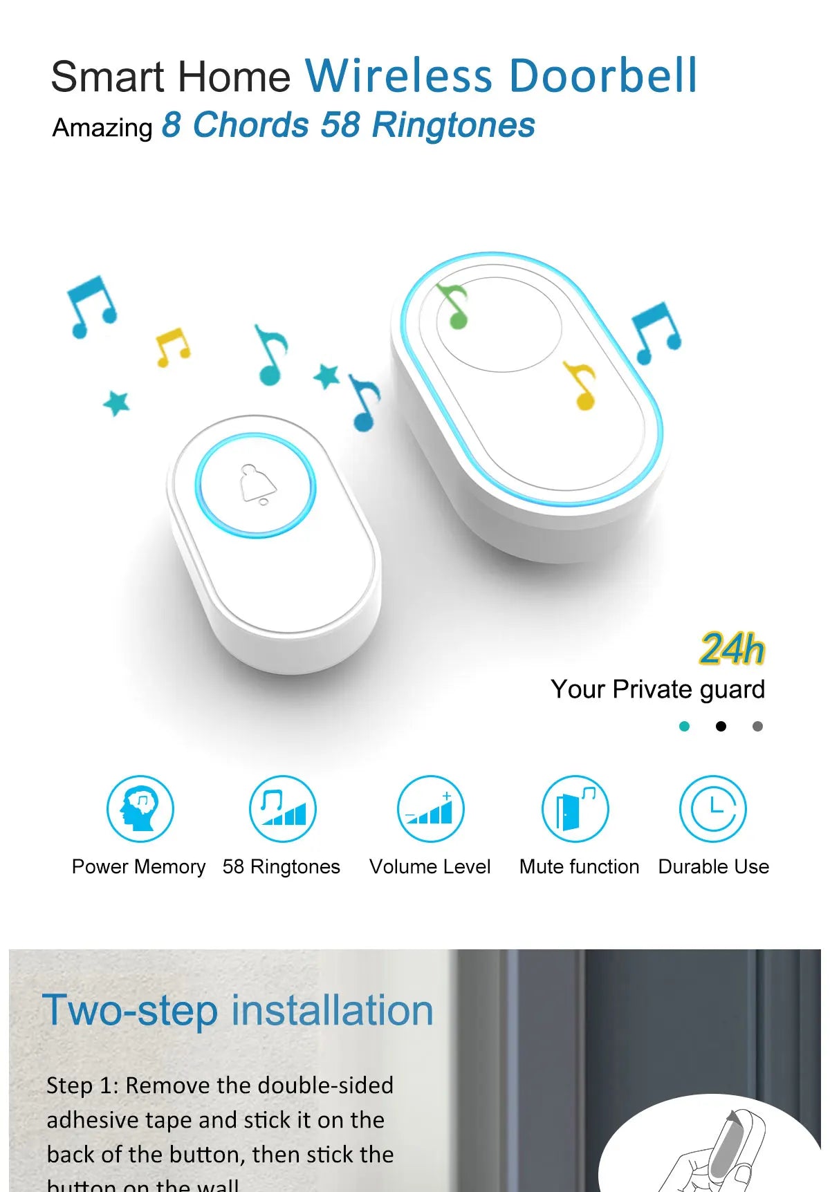 Smart home wireless doorbell with features highlighted on a white background