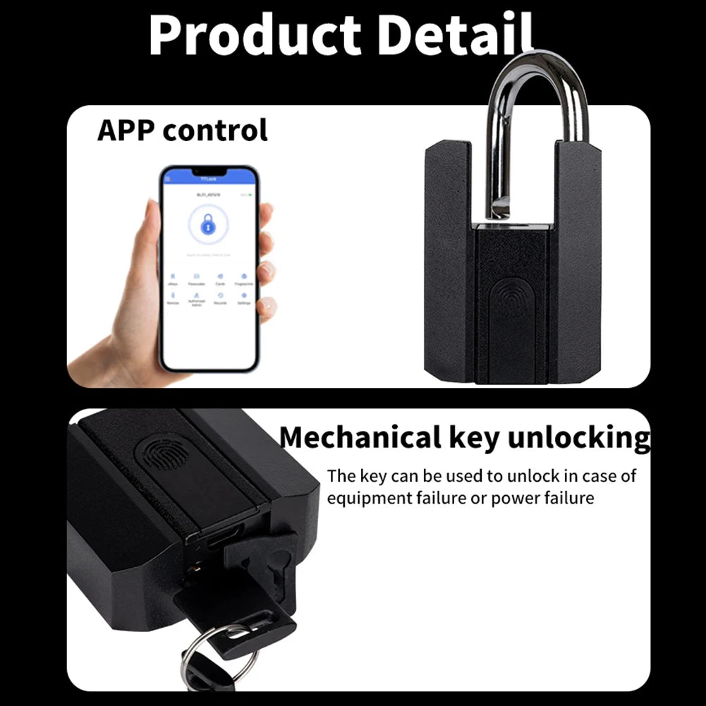 Smart lock with app control and mechanical key unlocking features.