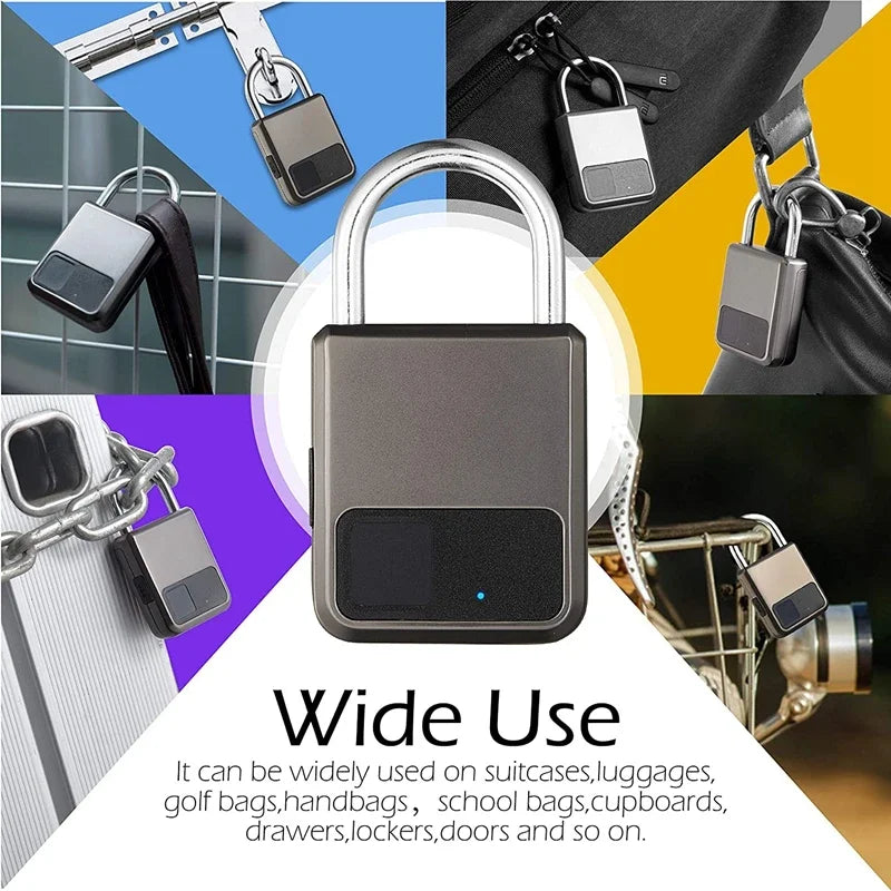 Smart lock with digital display on a colorful background with text about its wide use.