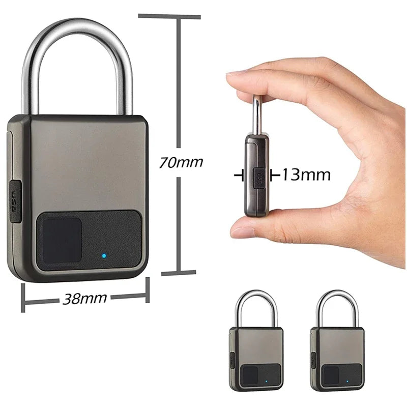 Smart lock with keychain, hand holding it, and measurements displayed