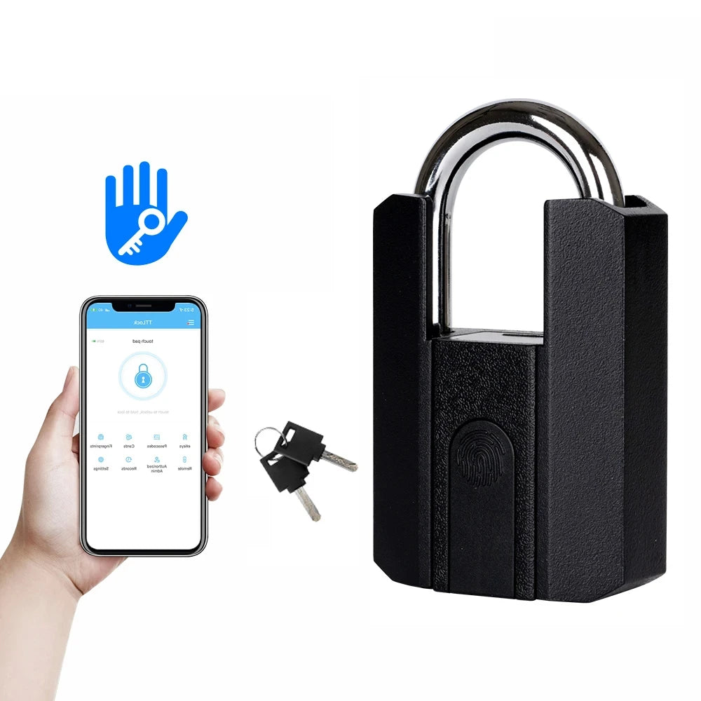 Smart lock with smartphone app interface and key on a white background